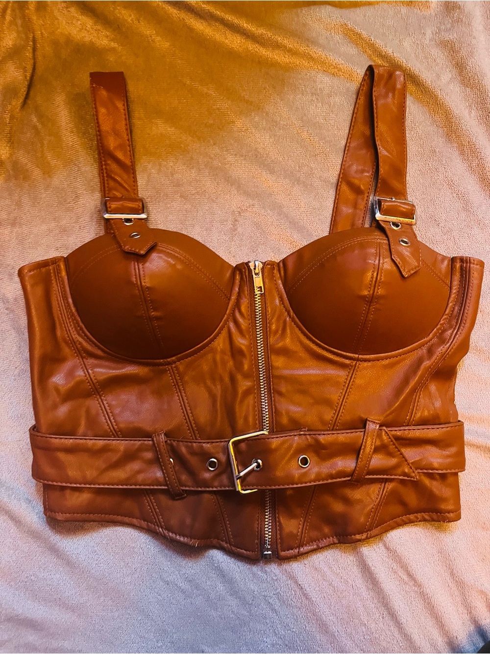 Boohoo Cognac Faux Leather Buckle Bustier Crop Top
